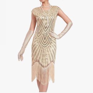 Vintage-Inspired Beige Fringe Sequin Dress